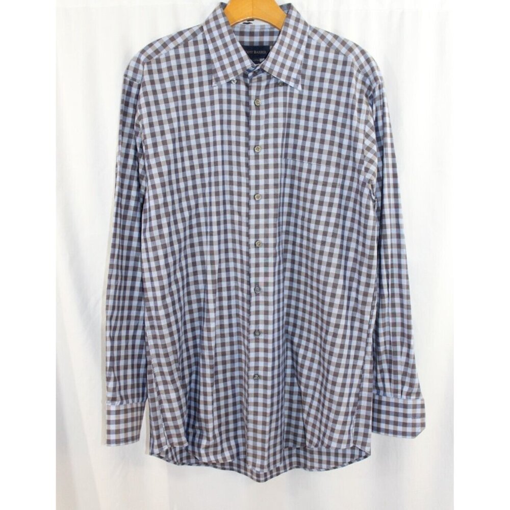 Scott Barber Mens Blue Brown Check Long Sleeve Cotton Button Down L
